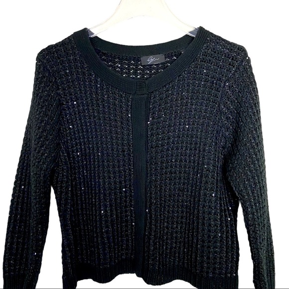 VINTAGE Black Shimmer Crochet Knit Cardigan Sweater Women’s Size Large - Picture 1 of 6